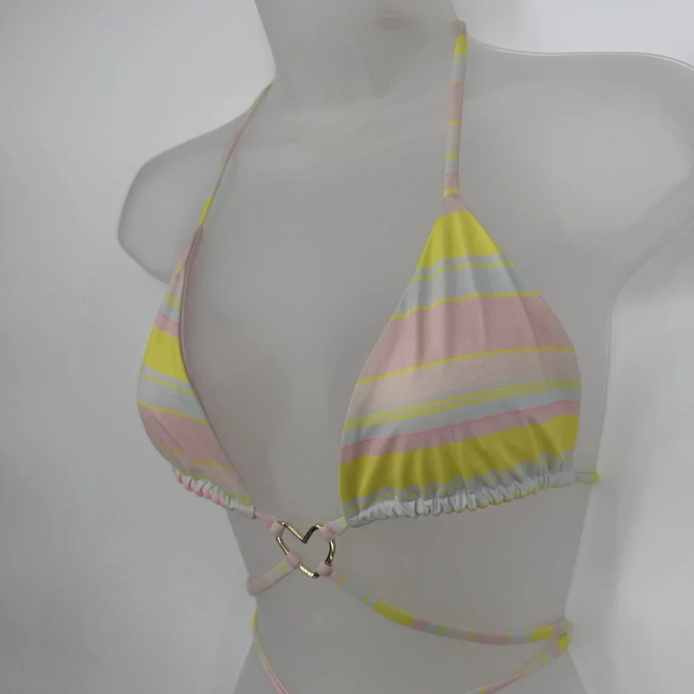 Frankie's Bikinis Sz L Pastel Striped Triangle Bathing Suit Top Heart Cutout‎